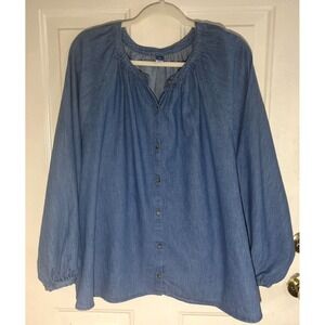 Old Navy Plus XXL Chambray Casual Peasant Boho Top Blue Long Sleeve Button Front